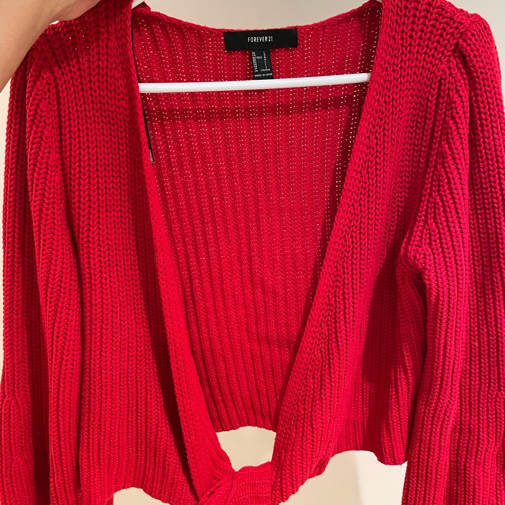 Red Forever 21 knit front tie wrap sweater